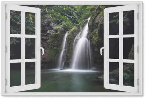 "waterfall Oasis Window View" Premium Canvas Window Illusion Photography