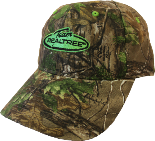 A Realtree® Camo Cap With Green Accent Patch And Matching Green